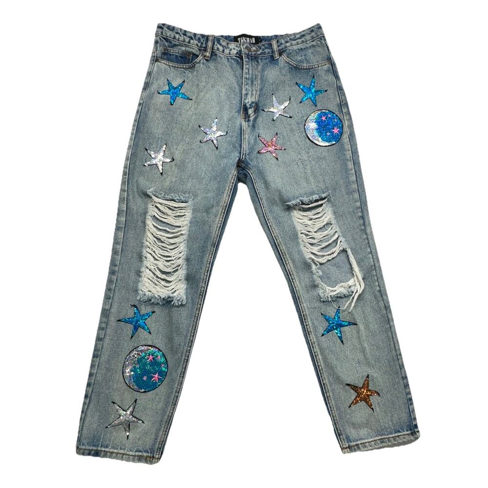LF Taigwah Jeans Size 12 Star And Moon Denim Distressed Sequined - Picture 1 of 9